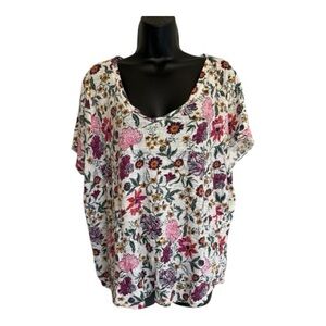 Rachel Zoe Floral Scoop Neck Linen Floral Top in Pink, Burgundy & White Size 1X